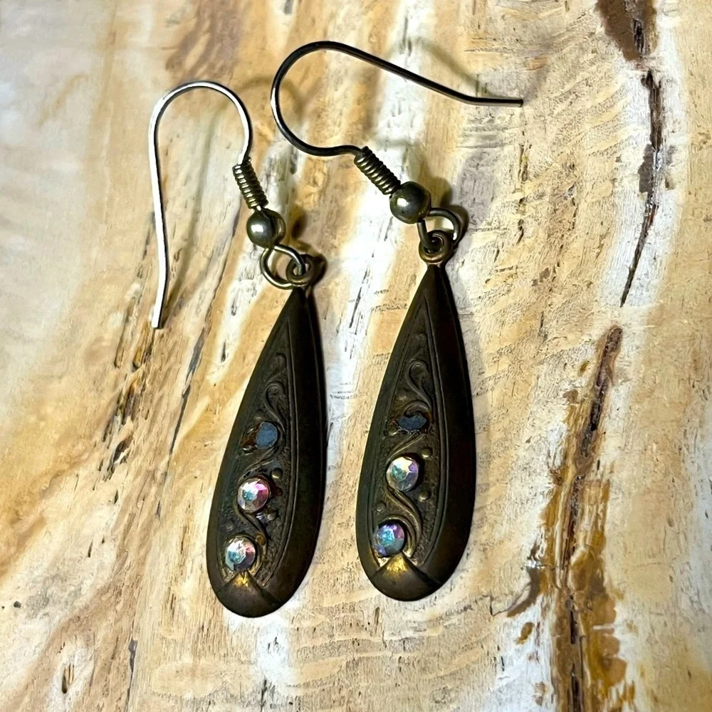 Set/2 Vintage Brass Etched Crystal Earrings